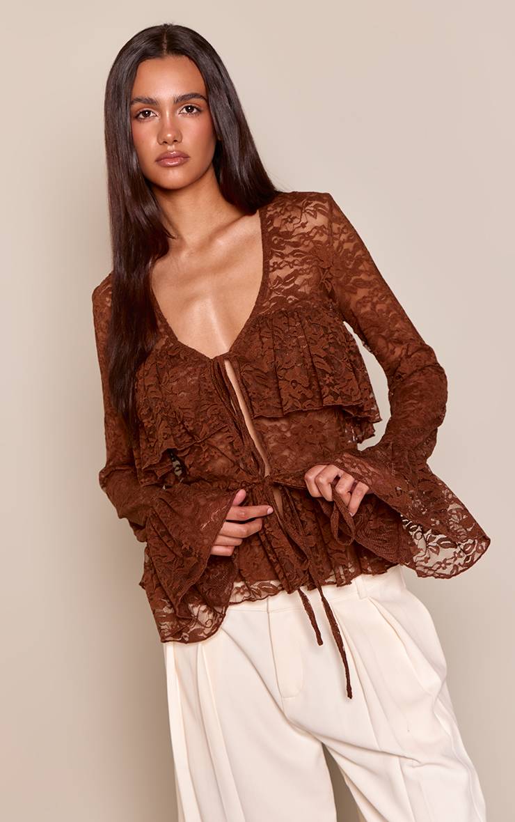 Chocolat Chemise À Épaulettes En Dentelle À Volants