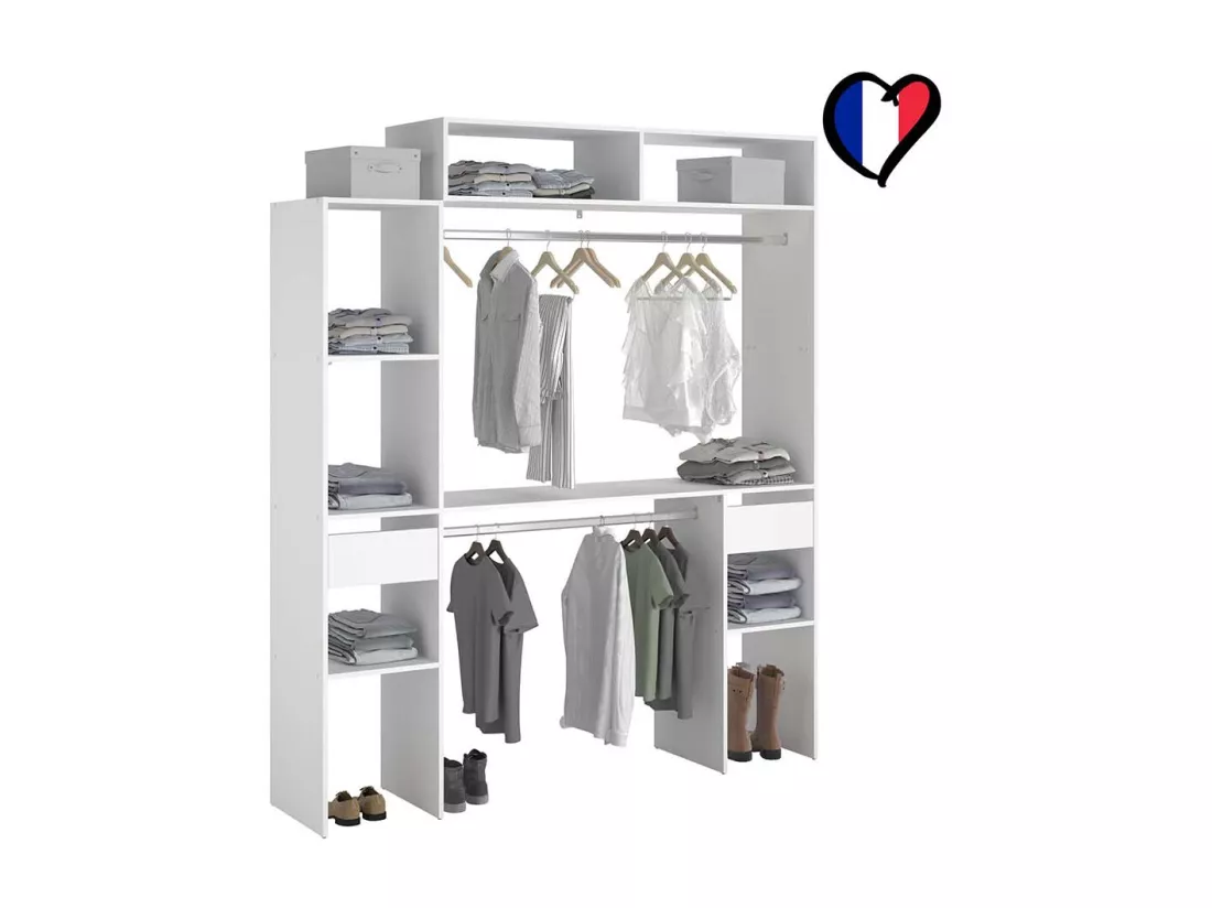 Dressing blanc extensible avec étagères, penderies, tiroirs ELYSEE