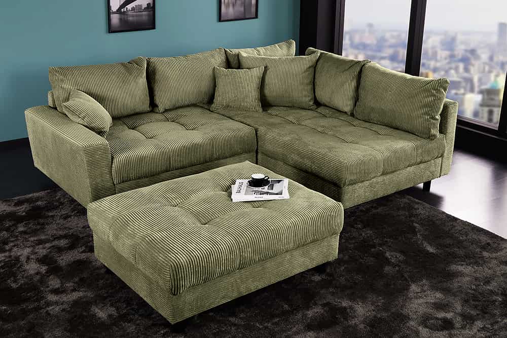 Modernes Ecksofa KENT 220cm grün Cord inkl. Hocker Federkern L-Form Wohnlandschaft