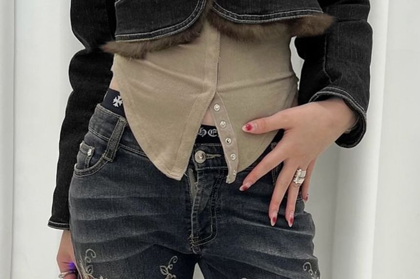Honey River - Gewassen denim jack met kraag en imitatiebont en knopen