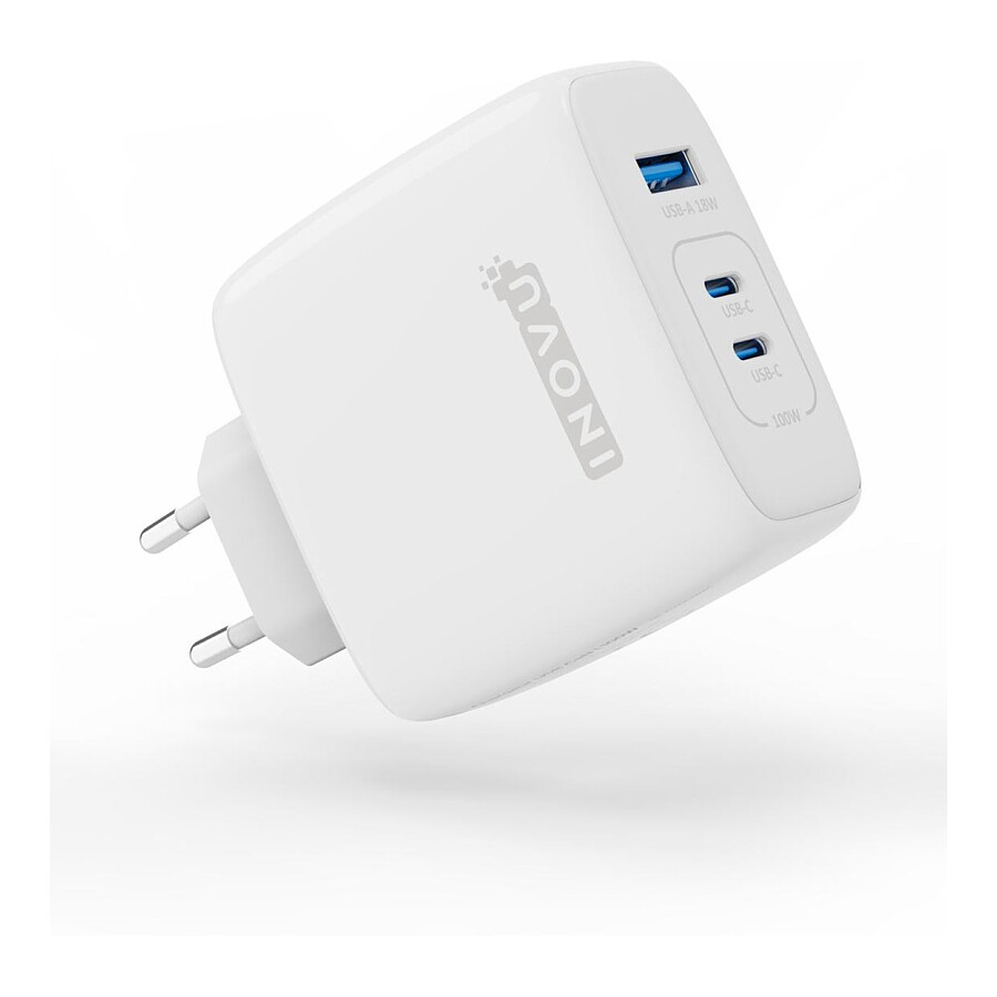 INOVU Chargeur Secteur 100W 3 en 1 (USB-A + 2 x USB-C) Power Delivery, GaN