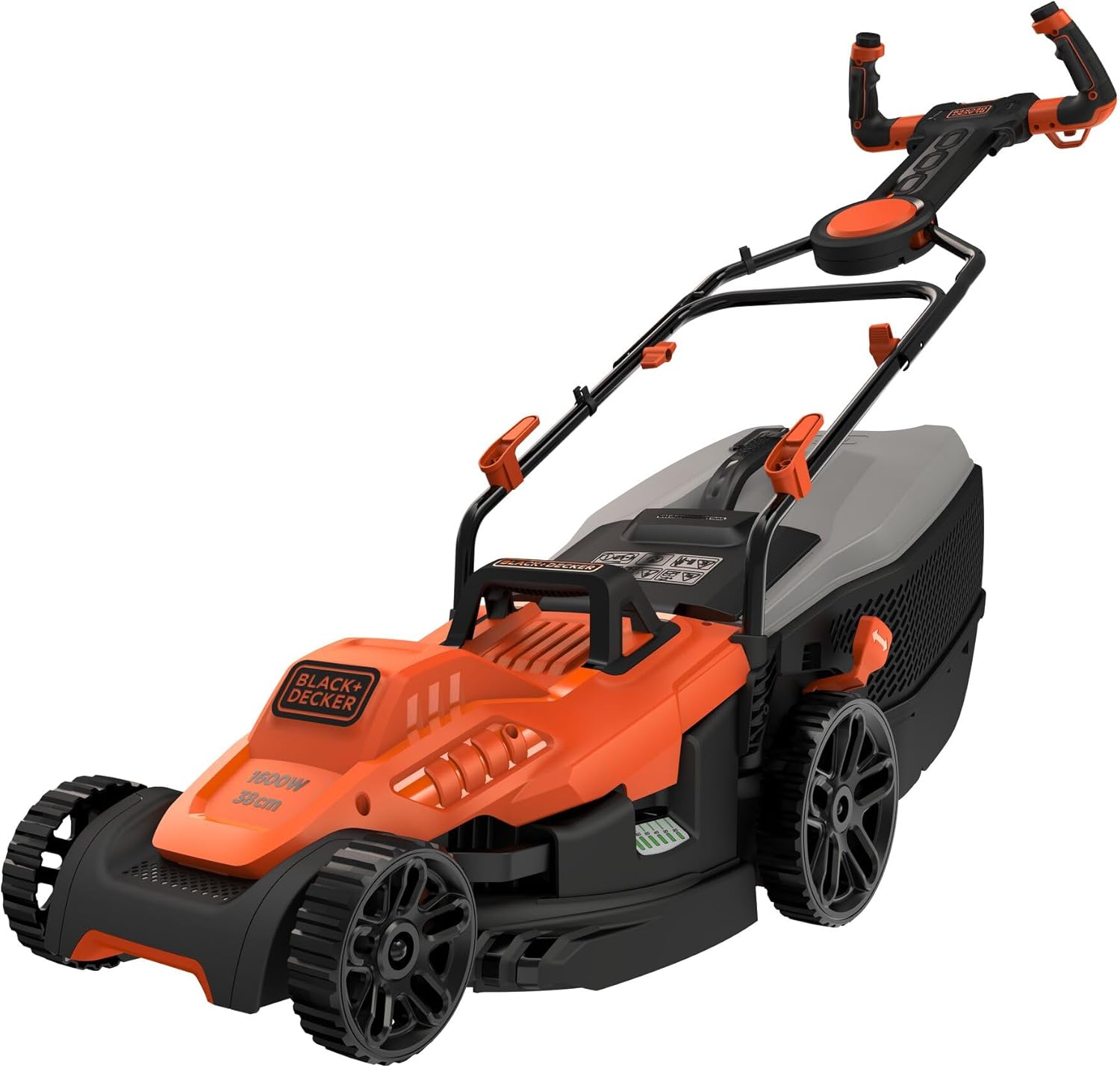 BLACK+DECKER Tondeuse Filaire 1600W, Tondeuse à Gazon Electrique 38 cm, 6 hauteurs réglables 20, 30, 40, 50, 60 et 70 mm, Tondeuse avec Poignée EASYSTEER 3 Positions, BEMW471ES-QS Orange