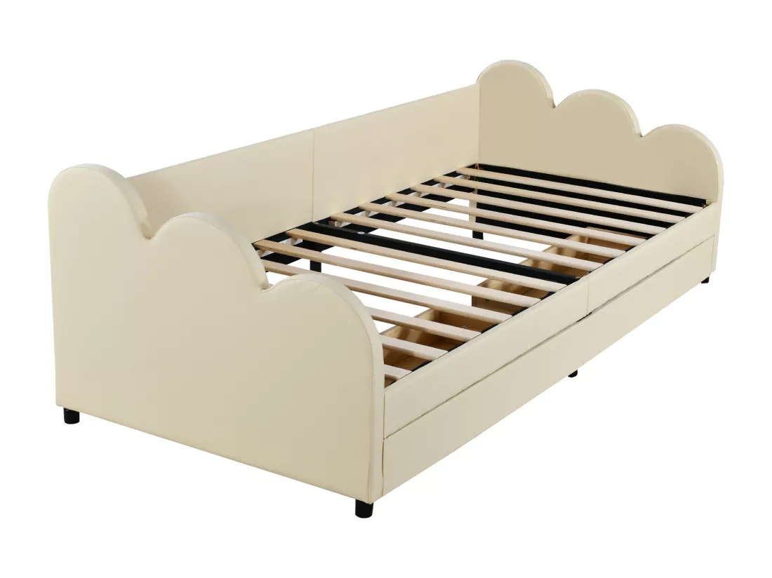 Lit banquette rembourré en similicuir 90x200cm - avec 2 tiroirs - Beige
