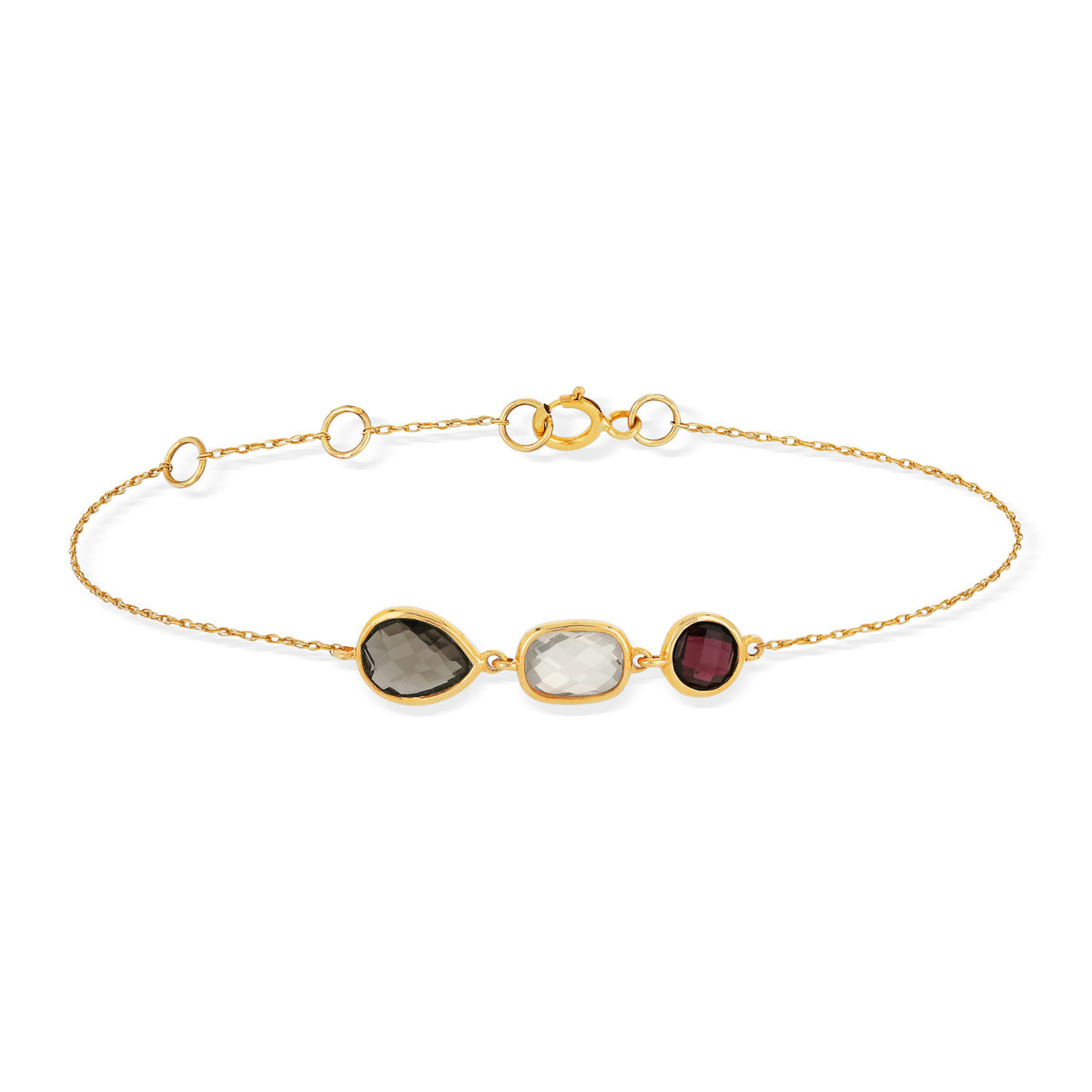 Bracelet or 375 jaune quartz et grenat rhodolite 19 cm