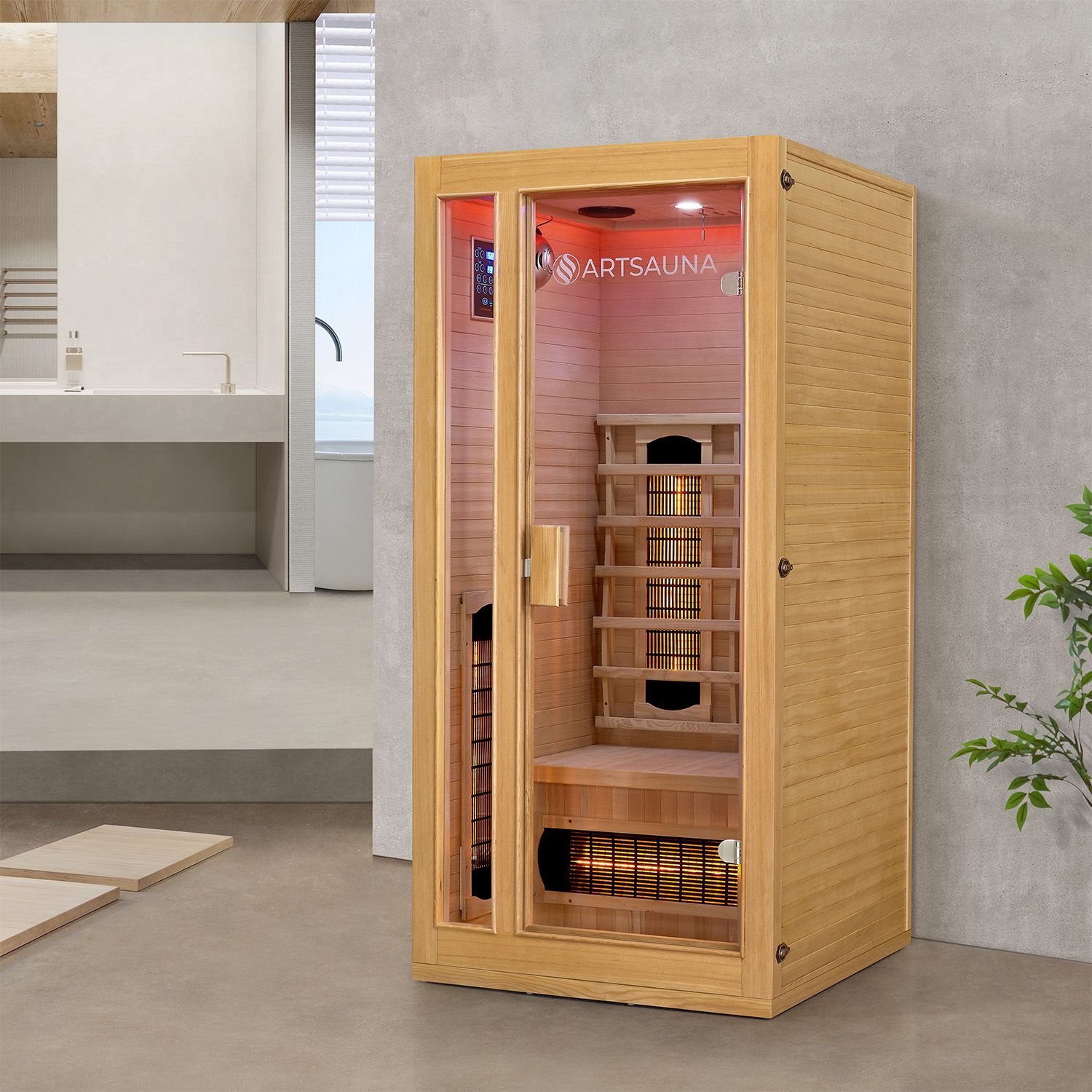 Artsauna Infrarotkabine Nyborg S90V Vollspektrumstrahler & Ambiente LED Beleuchtung – Kabine für 1