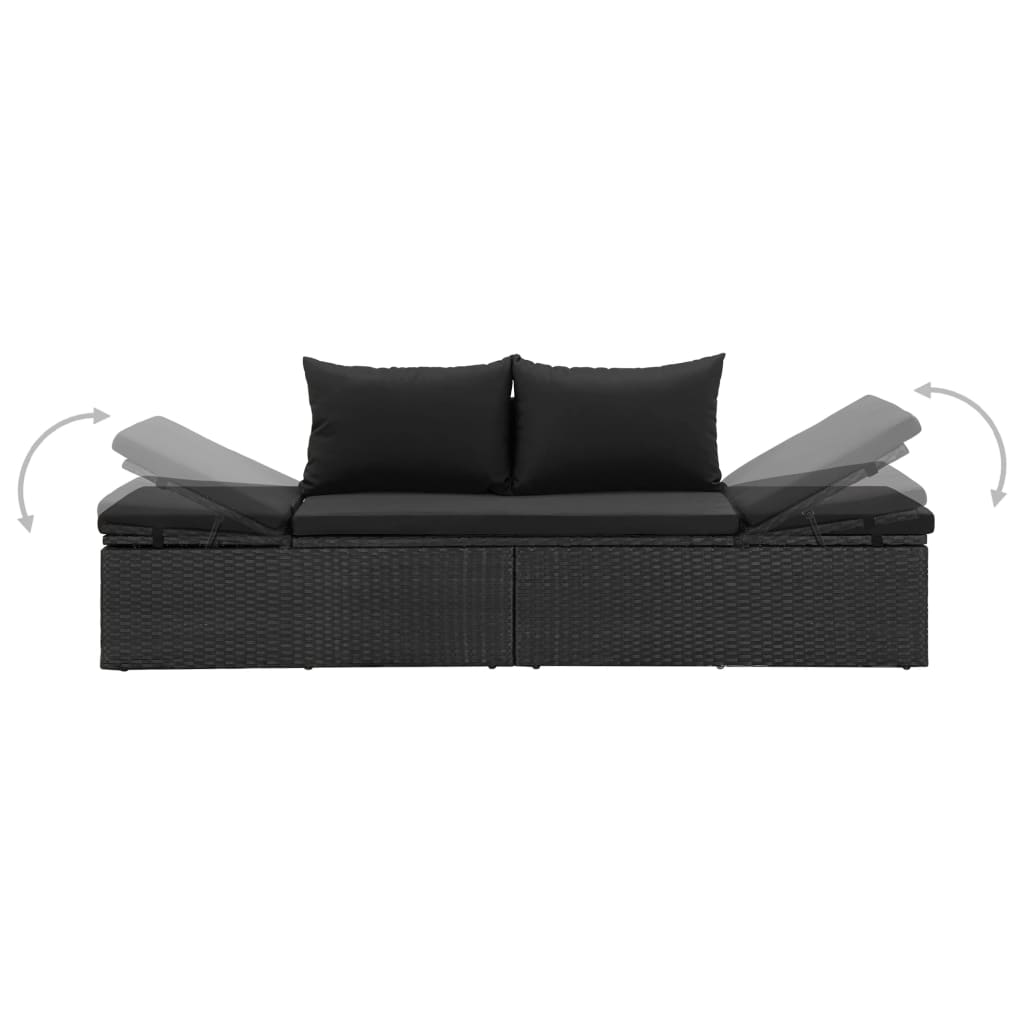 Transat chaise longue bain de soleil lit de jardin terrasse meuble d'extérieur avec coussins résine tressée noir