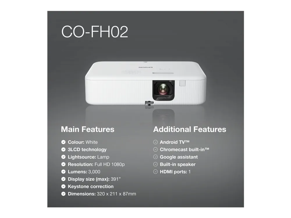 Epson CO-FH02 - 3LCD-projektor - bærbar - 3000 lumen (hvid) - 3000 lumen (farve) - Full HD (1920 x 1080) - 16:9 - 1080p - sort/hvid - Android TV