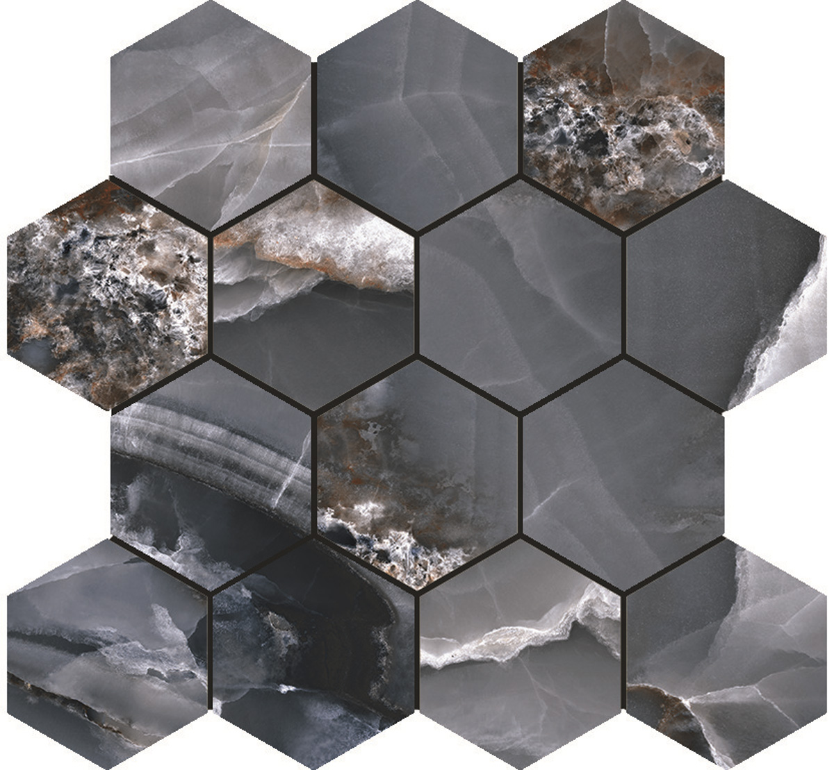 Tegelsample: Jabo Onyx Bleu hexagon mozaiek tegels 30x27cm