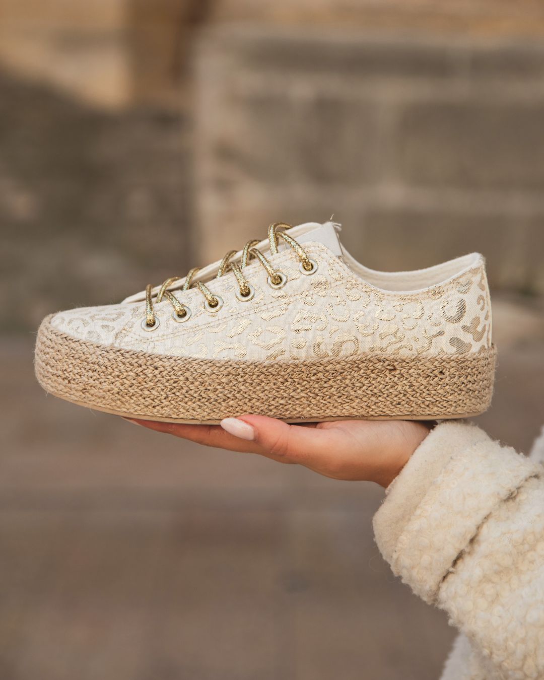 Basket femme dorée léopard en toile espadrille - Alma