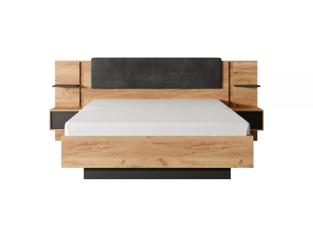 Lit coffre avec chevets 160 x 200 cm - Avec LEDs - Coloris : Naturel et anthracite + Matelas - ELYNIA