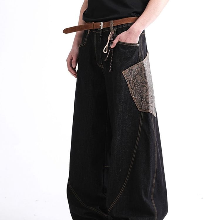 Adotuiastic - Mid Rise Snakeskin Print Patchwork Wijde Pijpen Jeans
