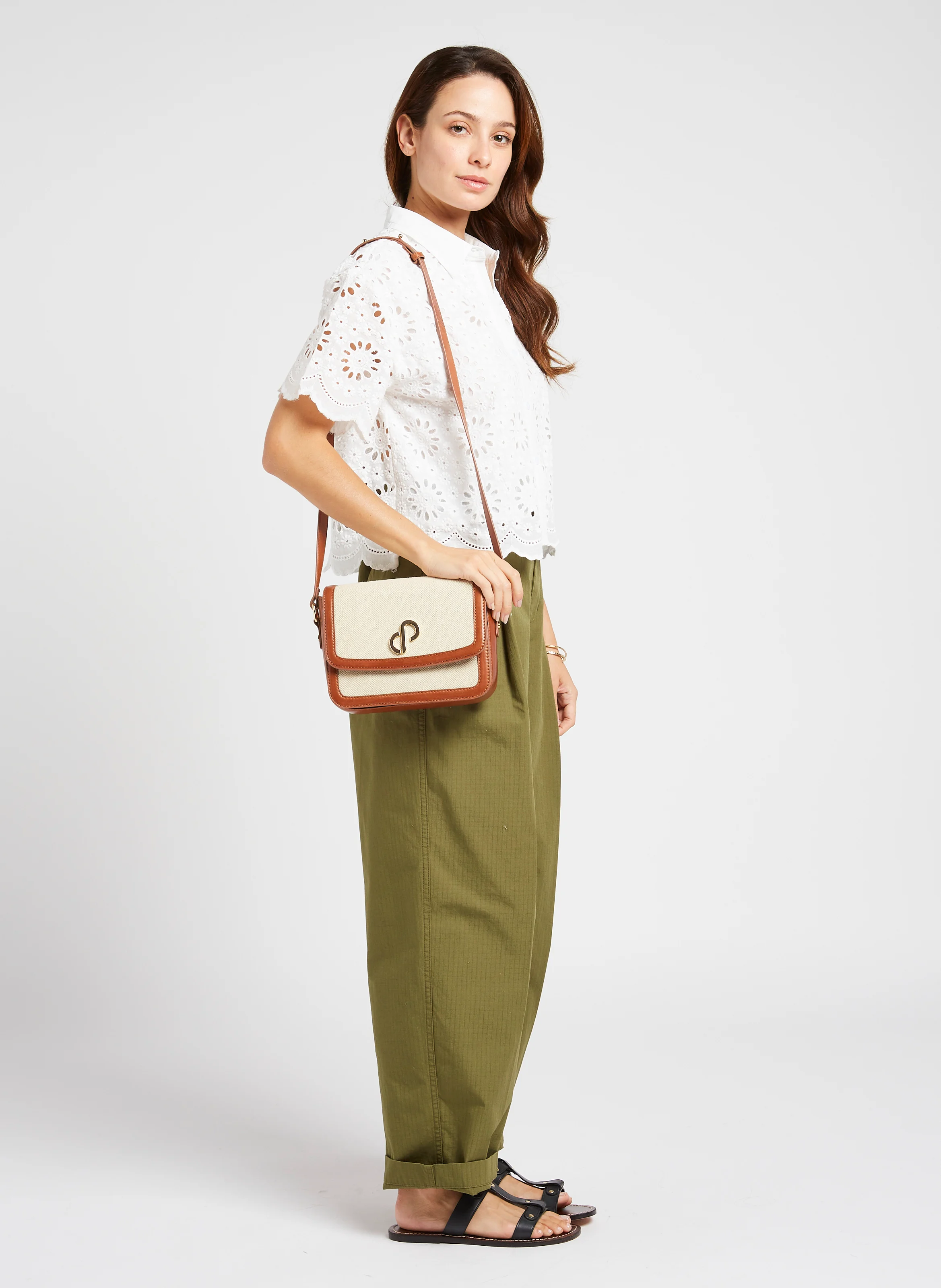 AUDE - Sac bandoulière en cuir et lin mélangé | Blanc