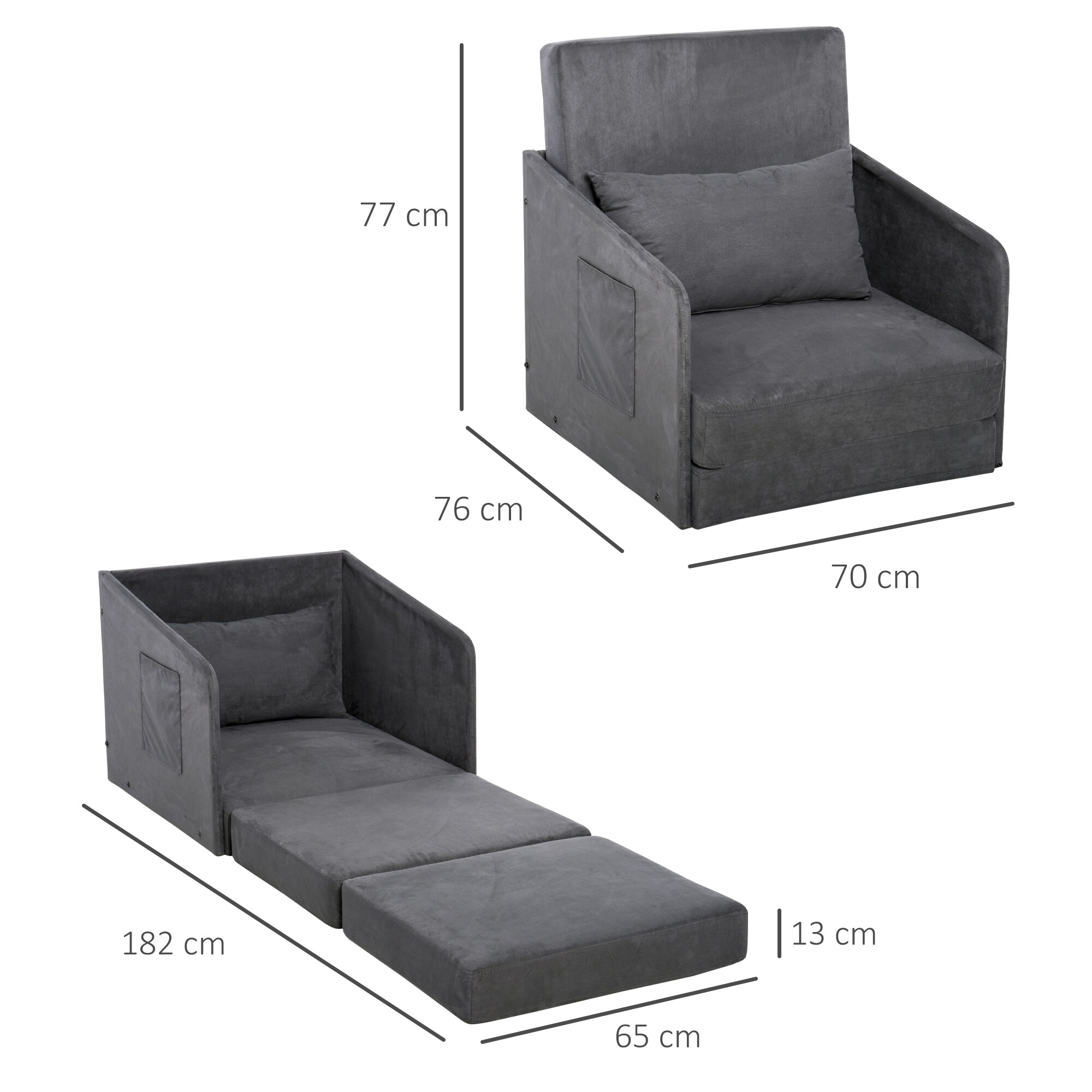 HOMCOM Klappbarer Schlafsessel mit 2 Seitentaschen grau 70 x 74 x 78 cm (BxTxH)