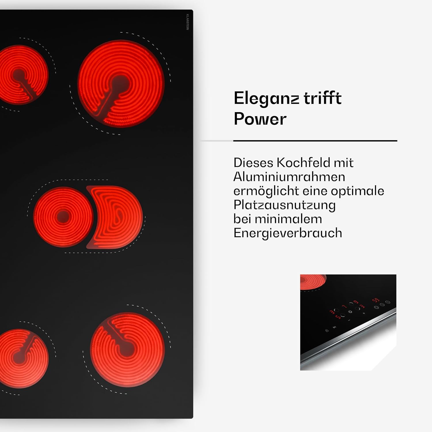 Klarstein Verosteel Glaskeramikkochfeld - 90 cm, 5 Zonen, 8400 W, Touch-Slider, Timer & Kindersicherung, Minimalistisches Design, Elektro Kochfeld, Restwärmeanzeige, Ceramica Oberfläche