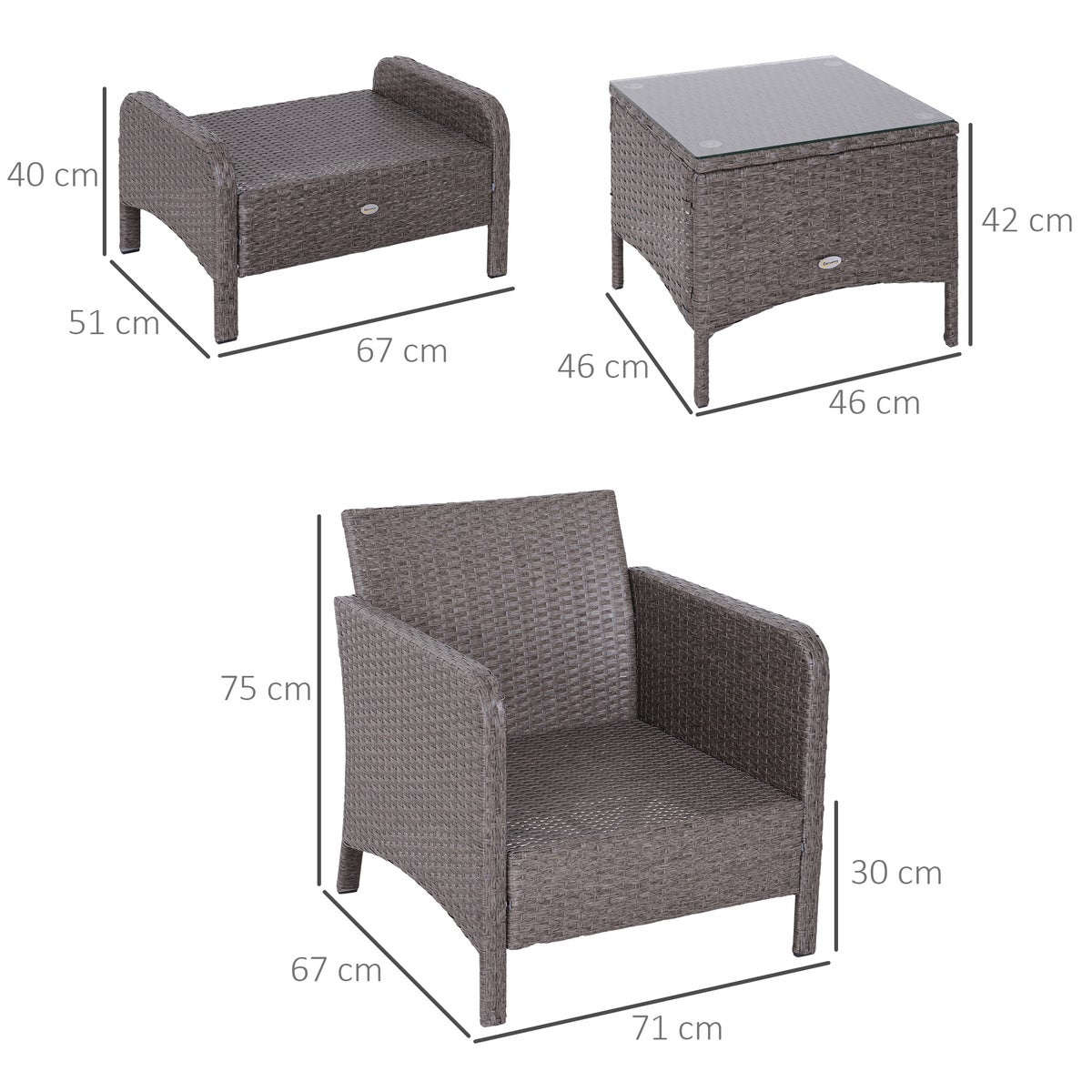 Outsunny 5-delige tuinmeubelset, L71 x B67 x H75 cm, polyrotan, metaal, 180g/m² polyester, gehard glas, grijs