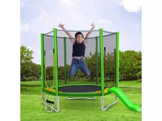Trampoline Ø213 cm - avec toboggan, escalier, 2 porte et filet de sécurité - charge max 100kg - Certification GS