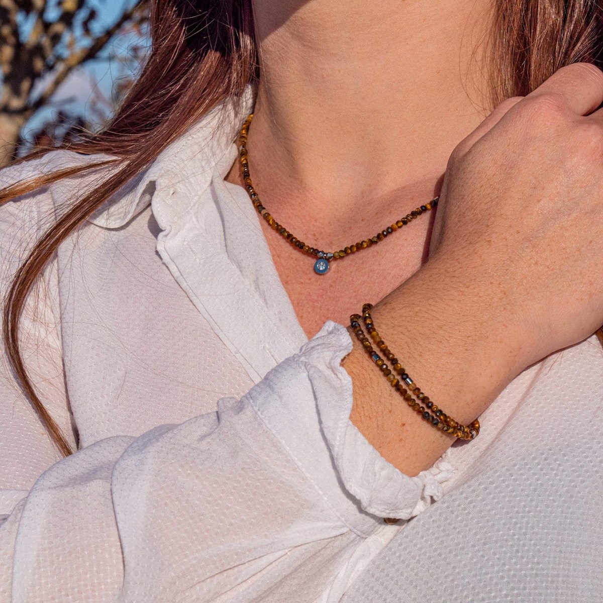 Collier, bracelet et boucles d'oreilles Lumia en pierres Oeil de Tigre