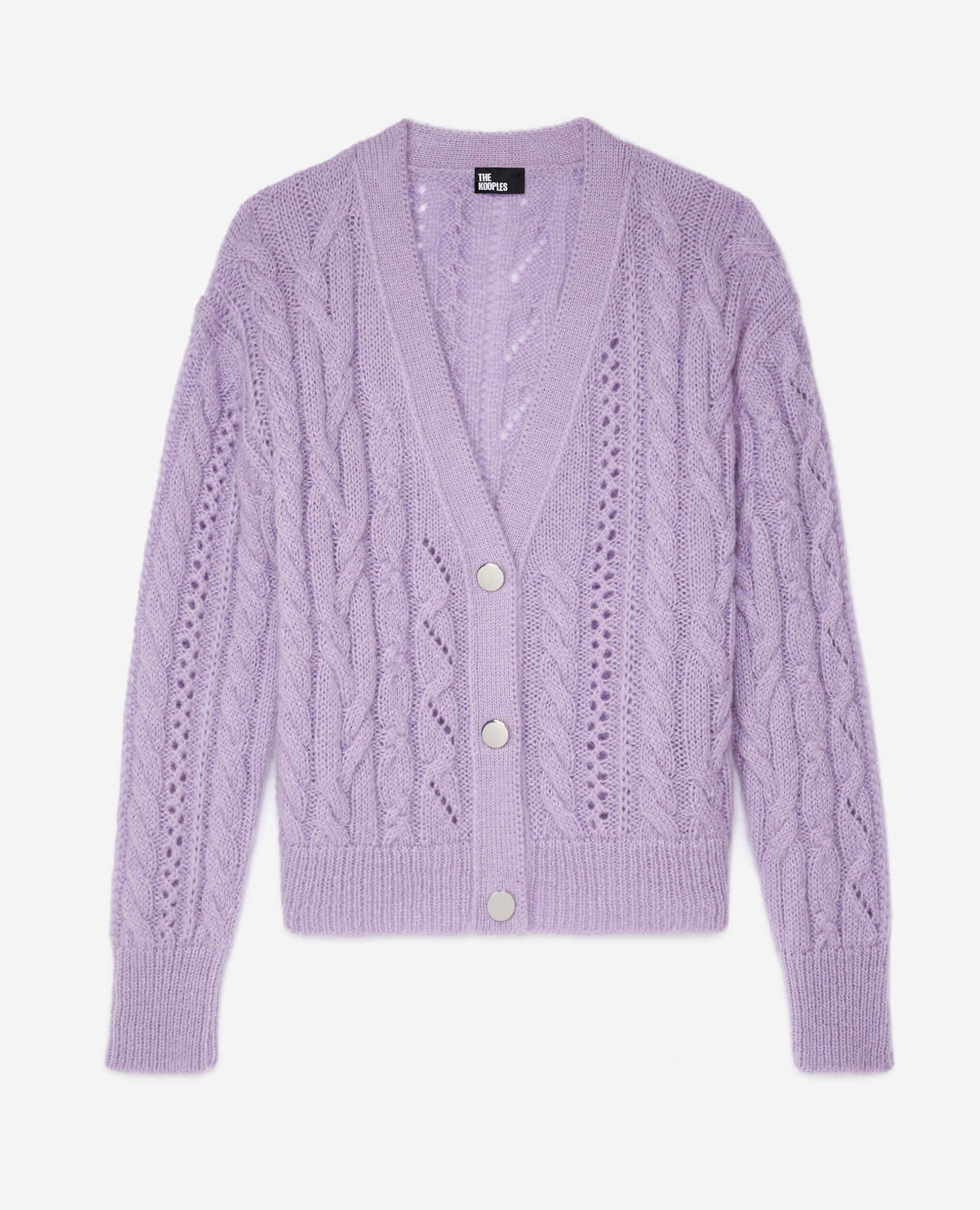 Mauve cable-knit wool-blend cardigan