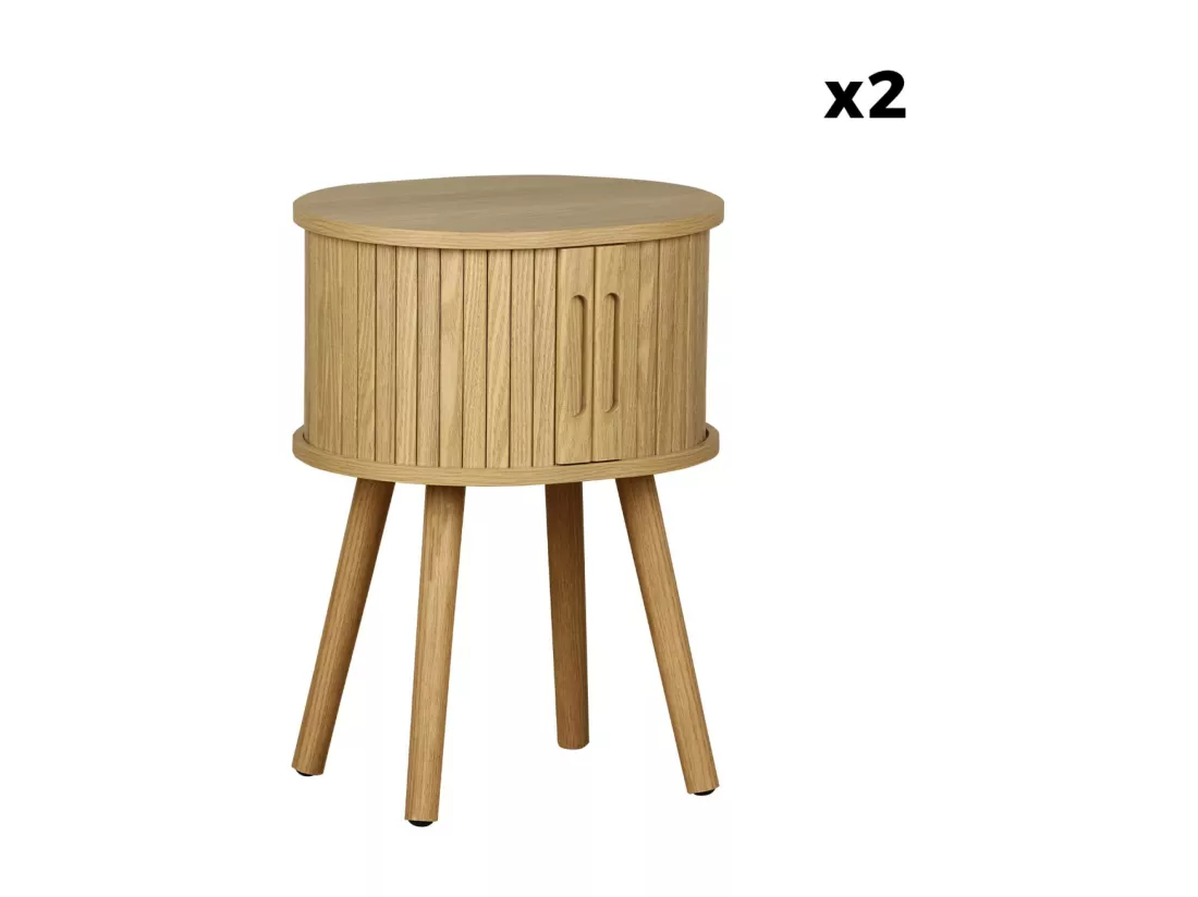 Lot de 2 tables de chevet ovale 2 portes coulissantes poignées creusées. effet bois rainuré. L40 x l34 x H54.8cm