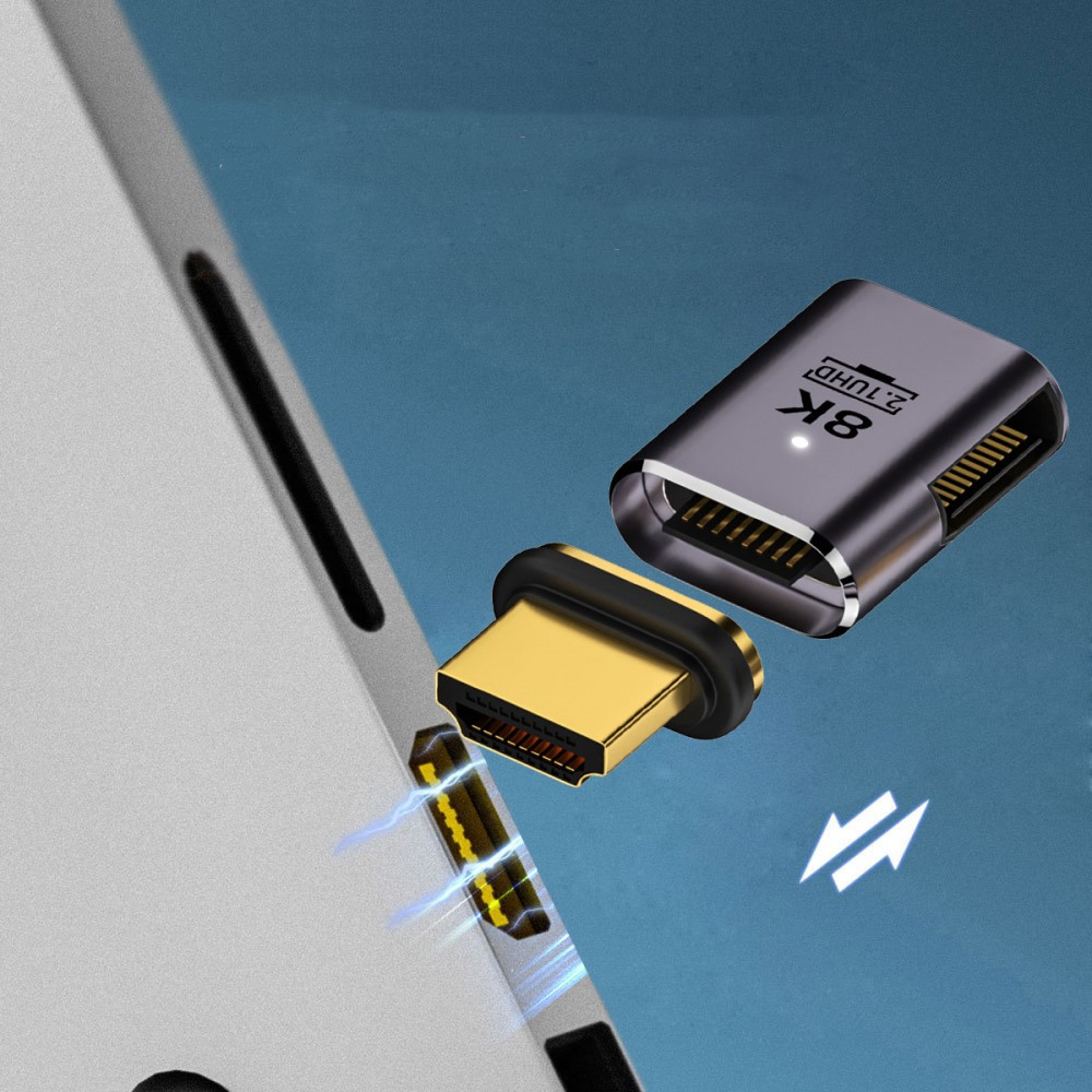 HDMI auf HDMI 2.1 Adapter Magnetisch mit vergoldetem Stecker 8K@60Hz (Winkel Links) - Grau