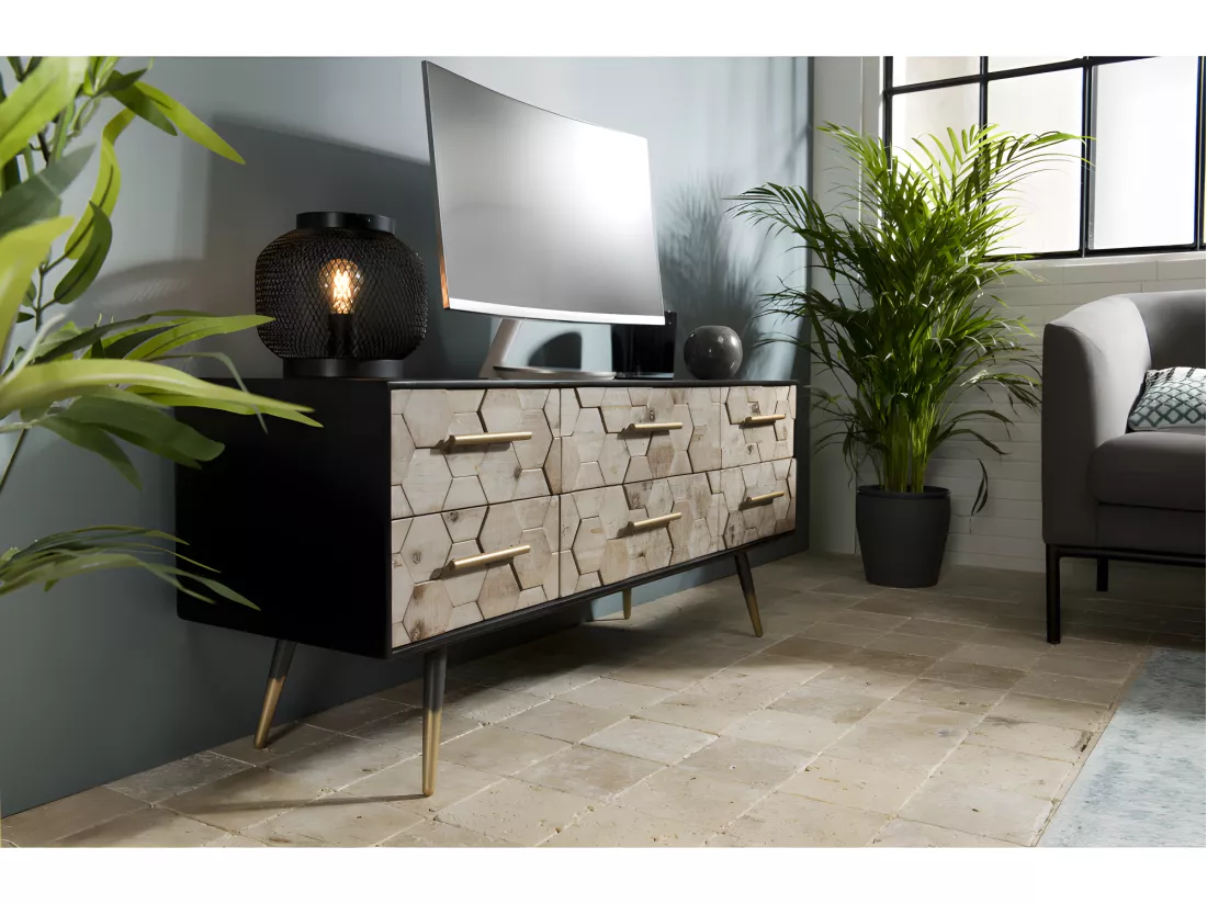 DALIE - Meuble TV noir 6 tiroirs scandi bois Sapin marqueté pieds métal doré