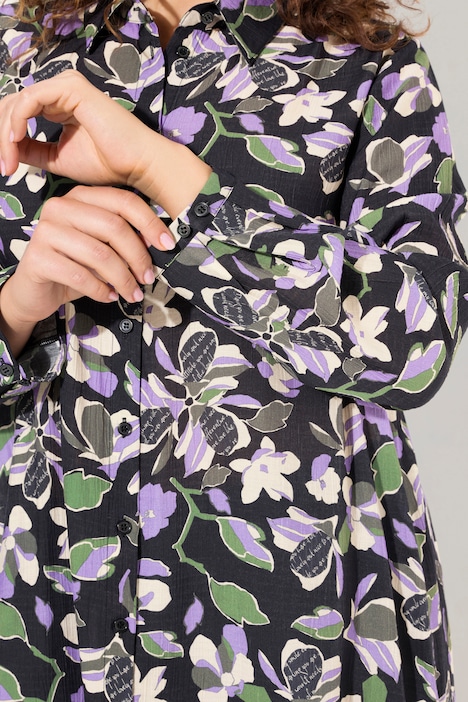 Longbluse, Blüten, A-Linie, Hemdkragen, Langarm
