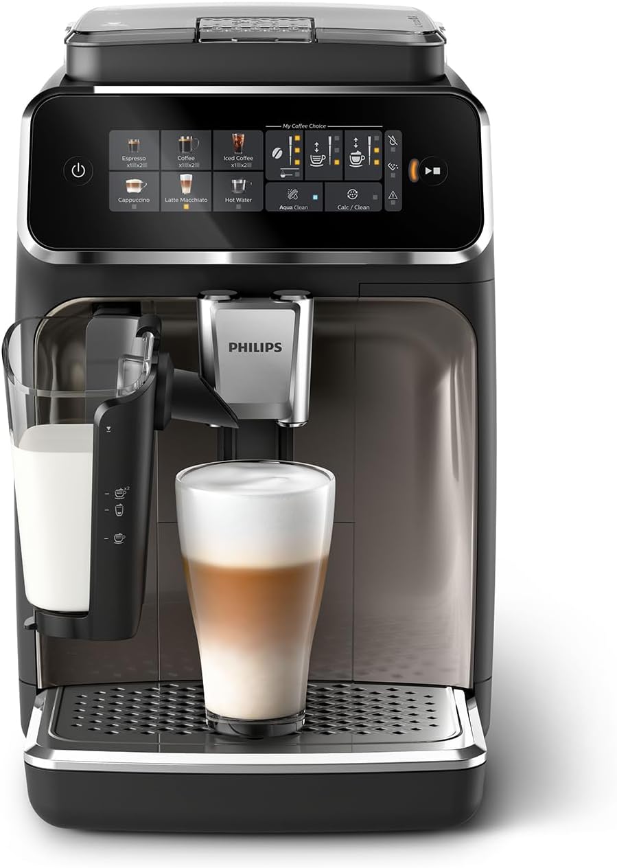 Philips 3300 Series Kaffeevollautomat - 6 Getränke, Modernes Farb-Touchscreen-Display, LatteGo-Milchsystem, SilentBrew, 100% Keramikmahlwerk, AquaClean Filter. Schwarzchrom (EP3347/90)