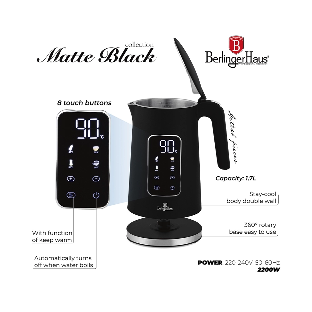 Berlinger Haus Wasserkocher 1.7 Liter mit Digitalanzeige Black Vantage Collection