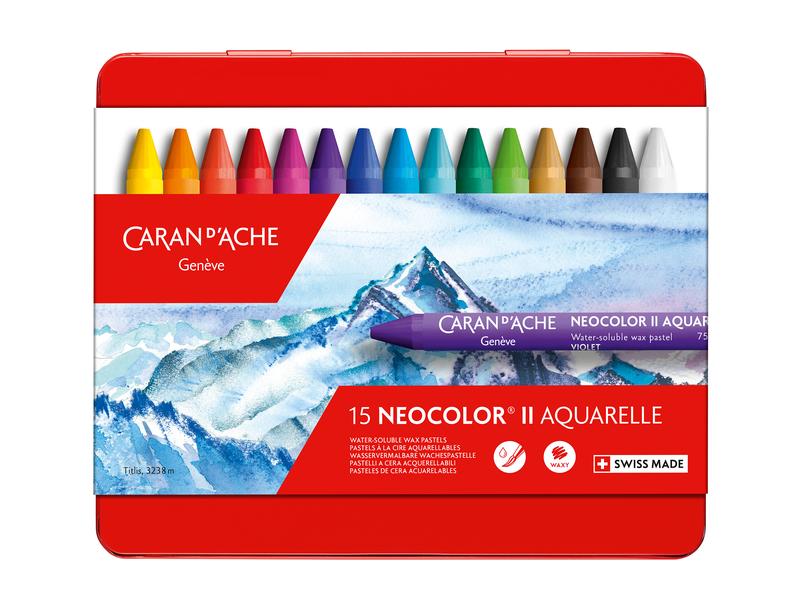 Caran d'Ache Wachsmalstifte Neocolor 2 wasservermalbar, 15 Kreativ-Set mit Wachspastellen