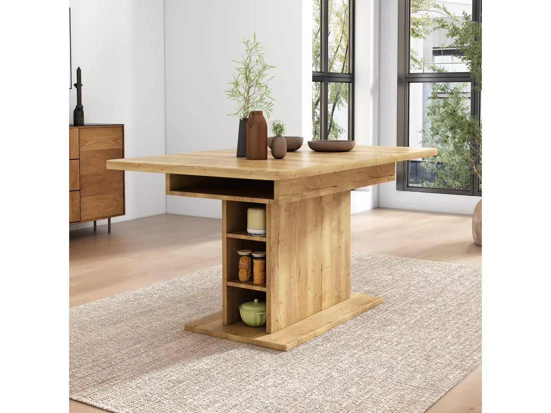 Table à manger extensible 4 à 6 couverts avec étagères de rangement - 110/130 x 70 x 75 cm - Panneaux de particules - Naturel