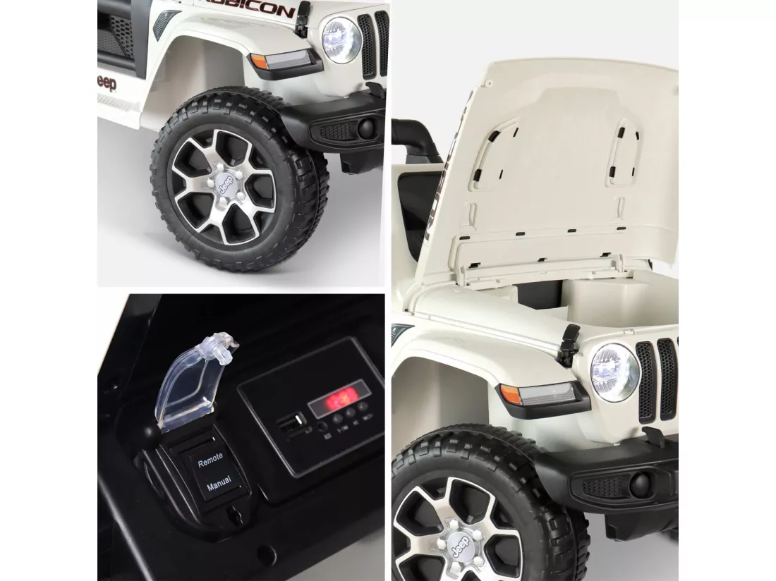 Voiture électrique 12V pour enfant - JEEP Wrangler Rubicon 2 roues motrices. blanche. 1 place. avec autoradio. télécommande. MP3. port USB / carte SD. prise jack et phares fonctionnels