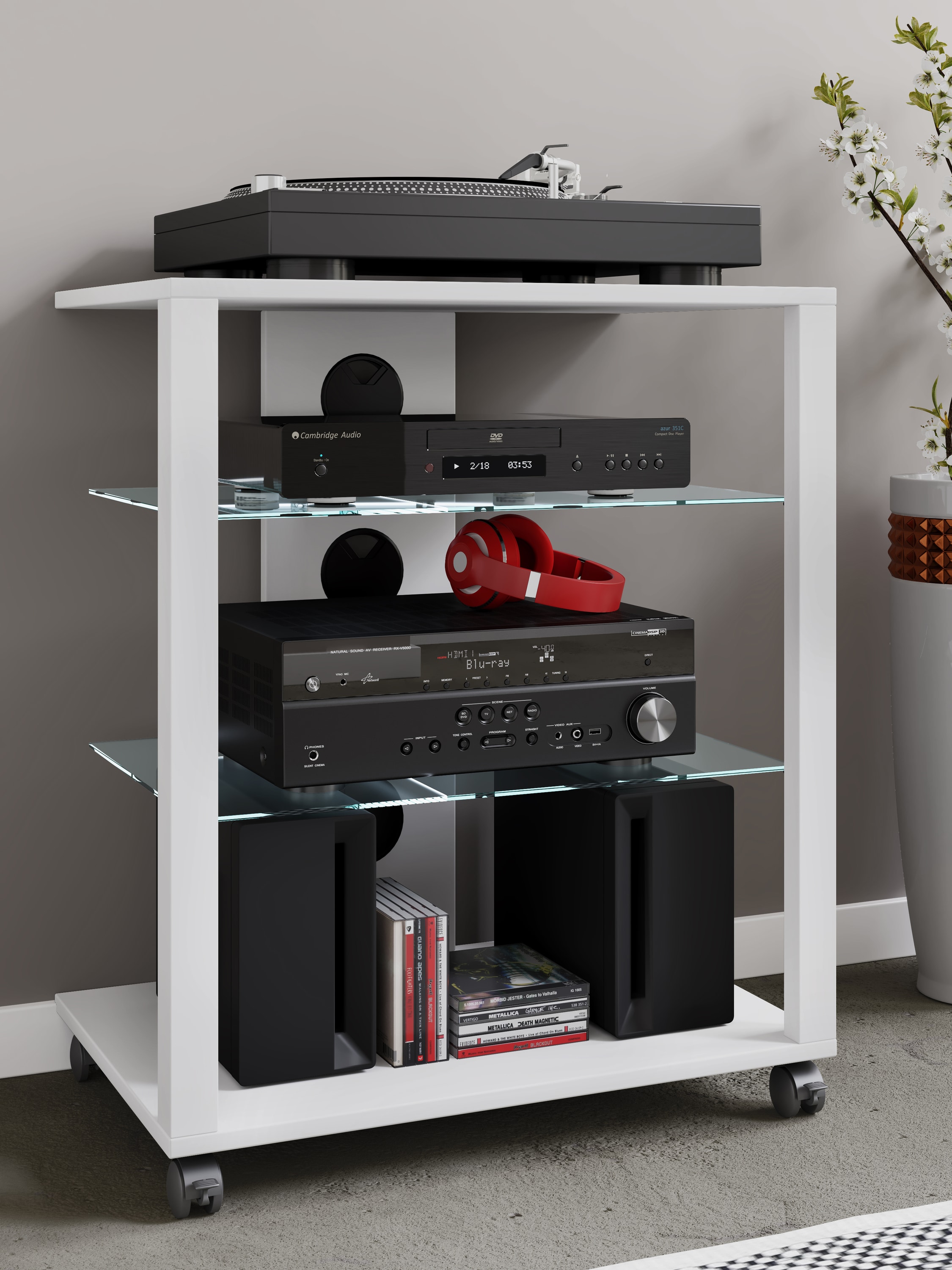 VCM Hifi Möbel Rollen Rack Schrank Phono mobil Regal Glas rollbar Phono Mediaregal Folas