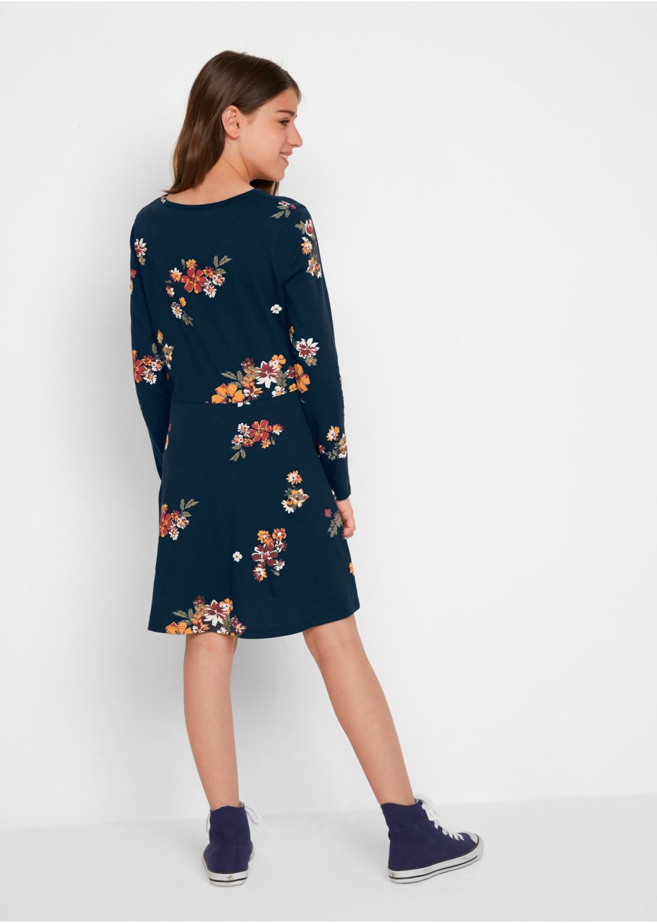 Robe fille à manches longues en jersey à fleurs