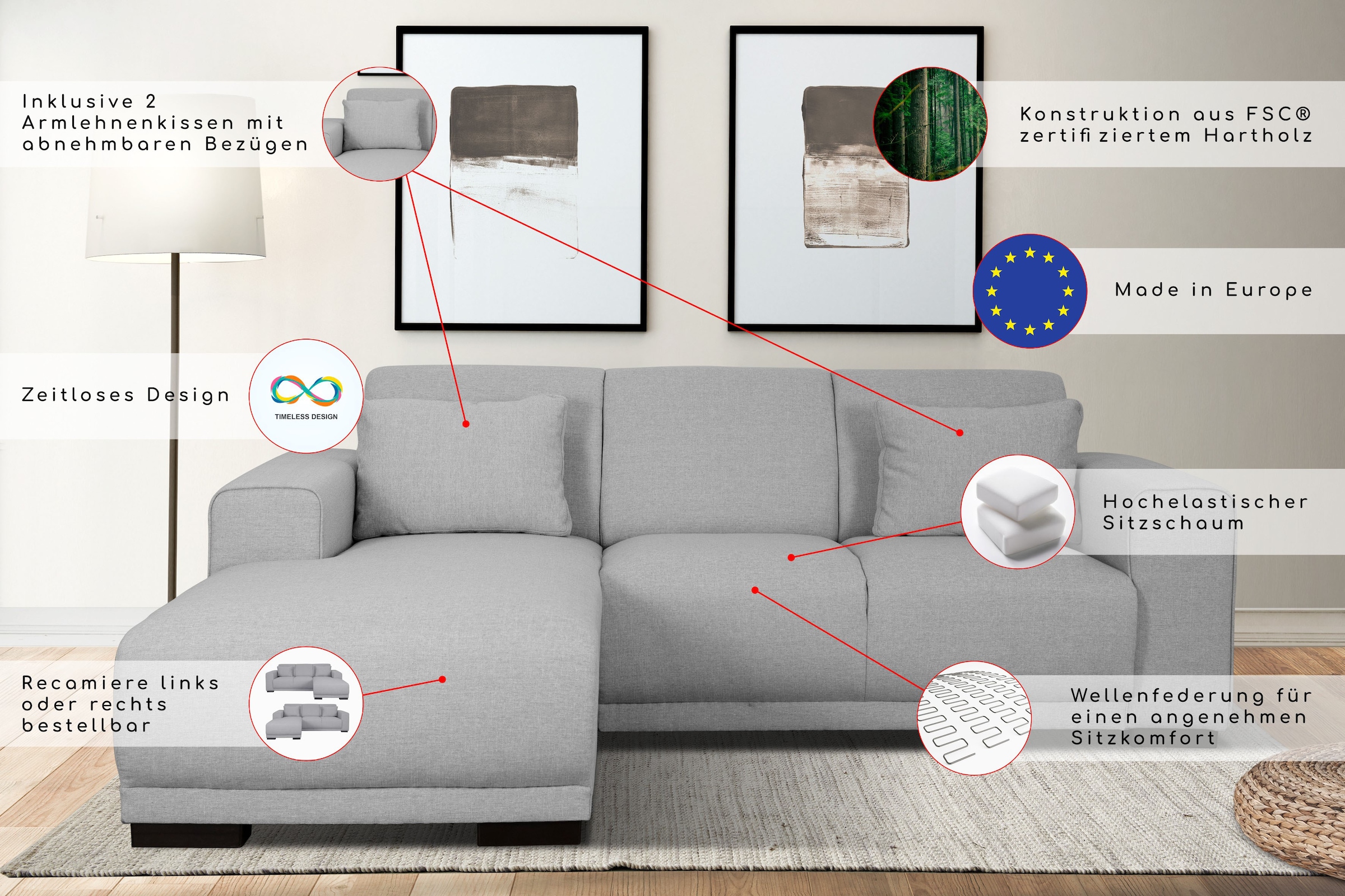 Home affaire Ecksofa »BORNHOLM L-Form mit Recamiere, Masse B/T/H: 234/162/85 cm« Recamiere links oder rechts bestellbar, Wellenfederung, inkl. 2 Kissen