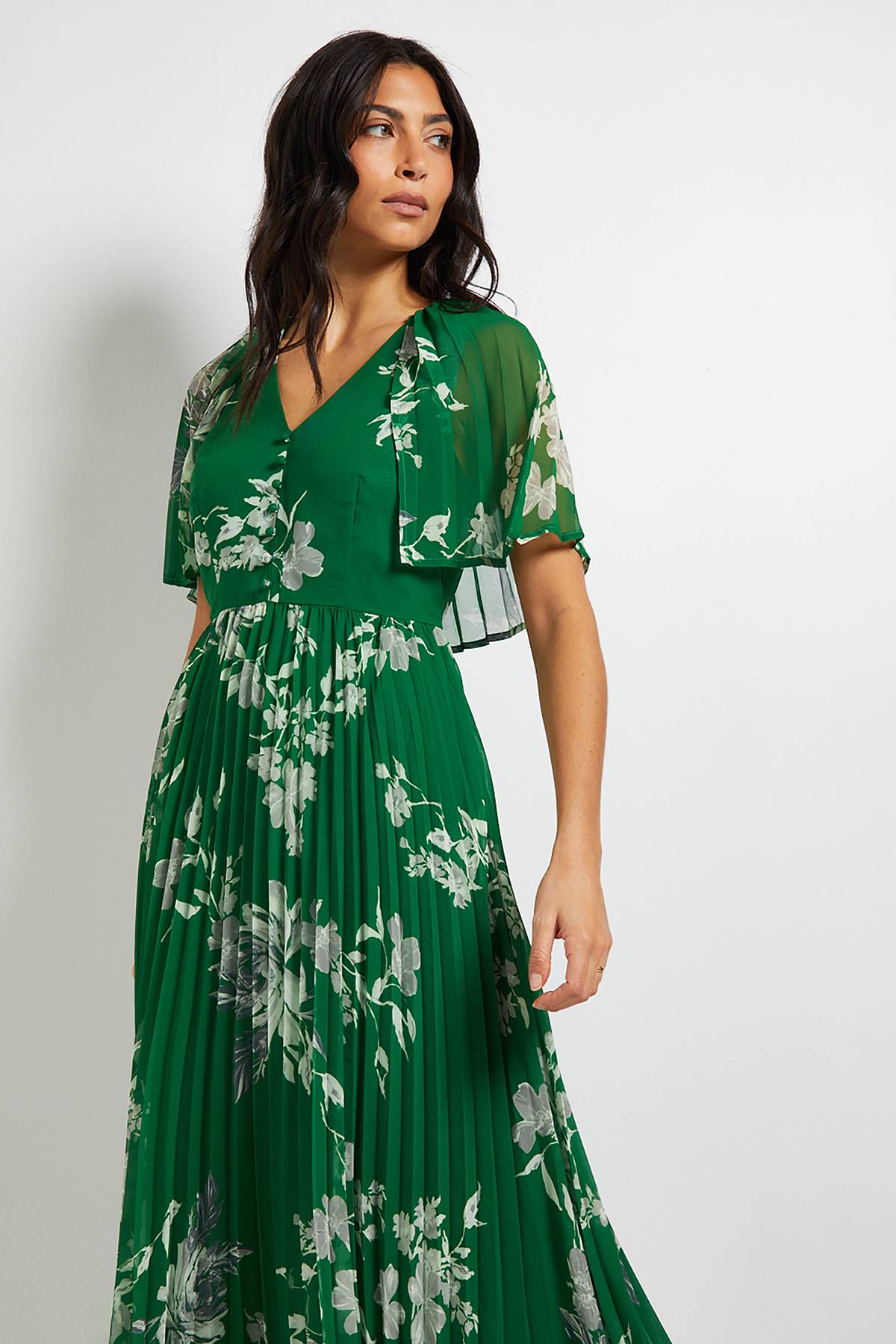 Wallis Robe Midi à Manches Cape Plissées