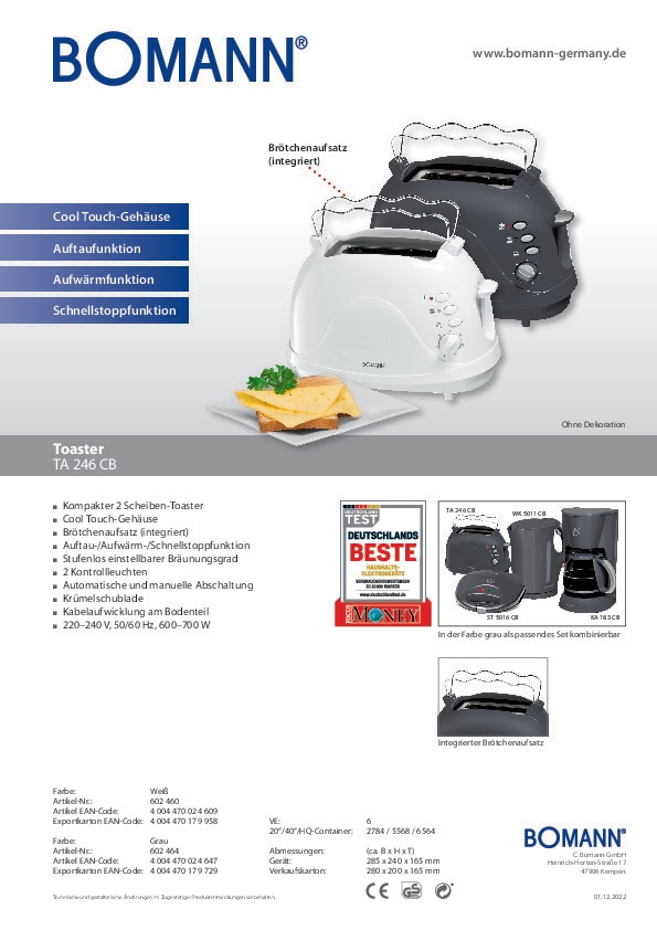 BOMANN Toaster TA 246 CB 700 Watt grau