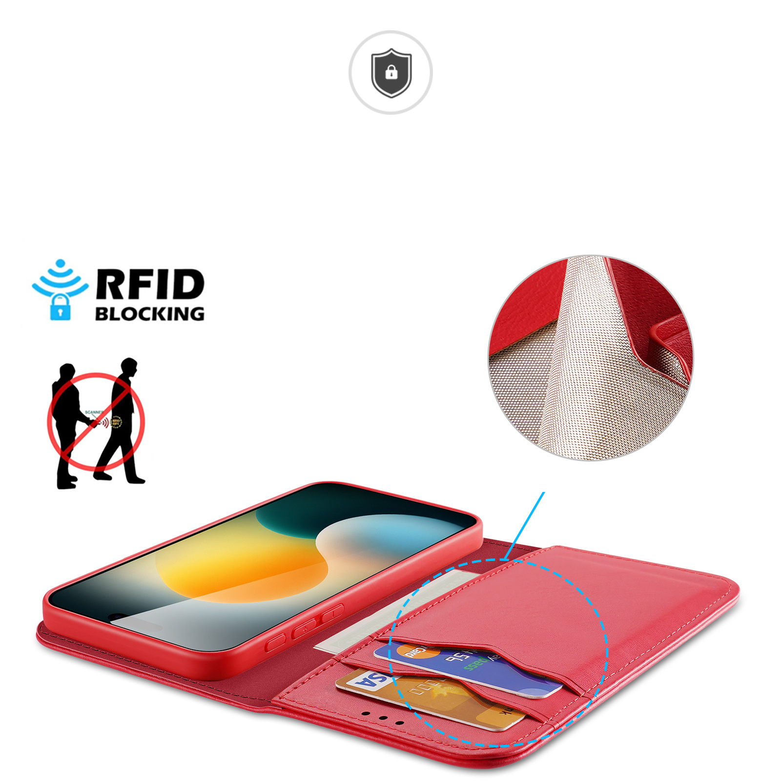 iPhone 17 Pro Flip Wallet Cover Echtleder Tasche (RFID Schutz) - Rot