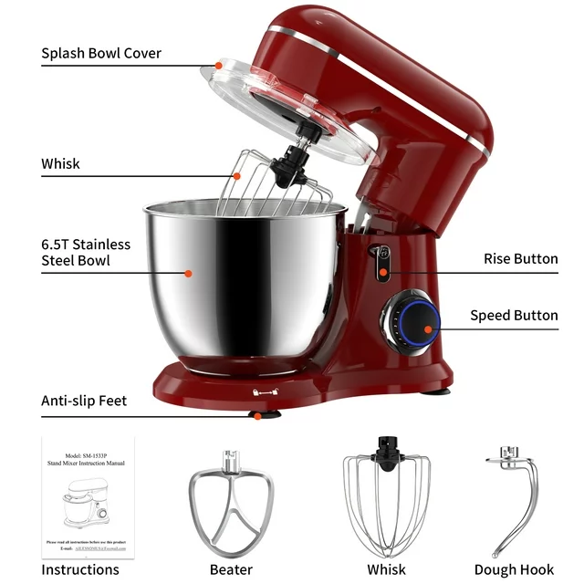Batedeira de pedestal Samsaimo, 6,5 QT, 660 W, 10 velocidades, cabeça inclinável, batedeira elétrica de cozinha com tigela, gancho para massa, batedor e fouet para a maioria dos cozinheiros domésticos.