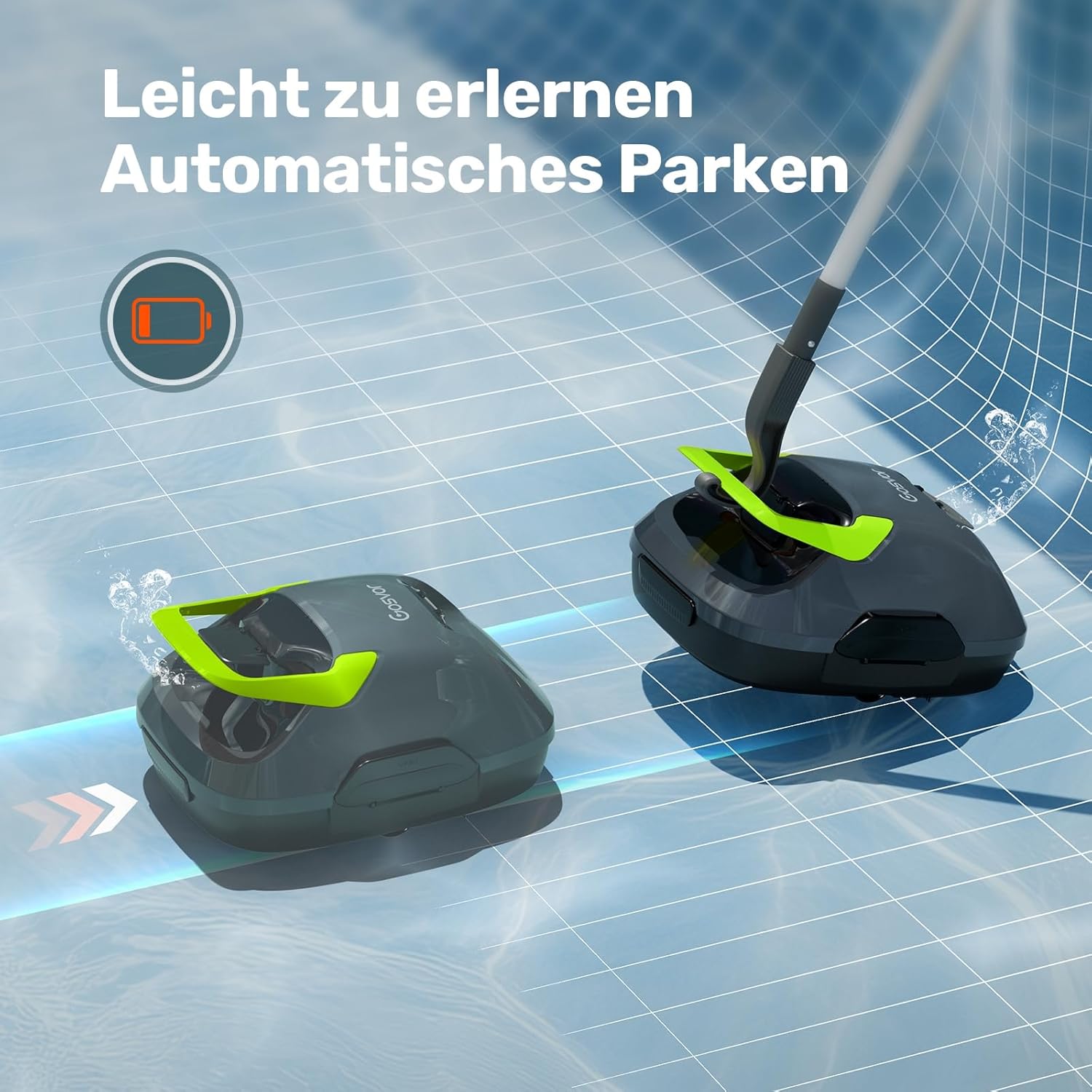 Poolroboter, Akku Poolsauger mit 90 Min. Reinigungszeit, Einfach zu Bedienen, Selbstparkfunktion, Poolsauger Bodensauger Ideal für 80 ㎡ Oberirdische Pools, Grau-Grün