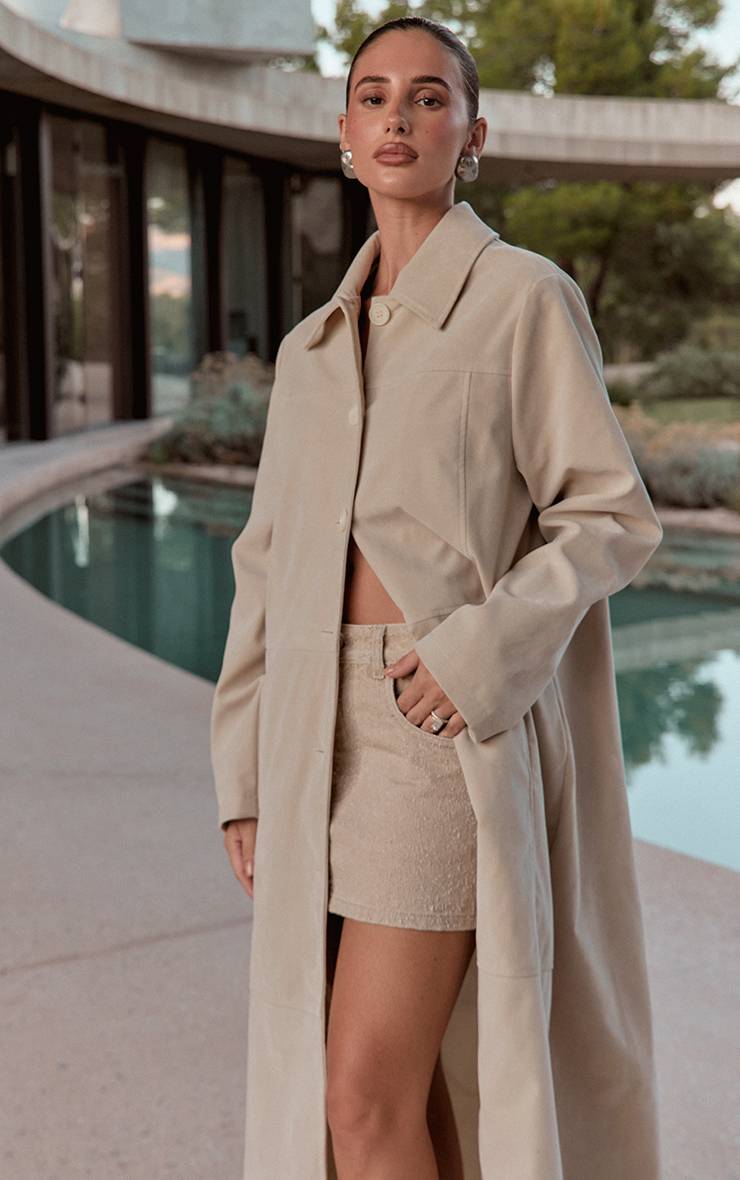Ecru Manteau Long En Synthétique À Boutons