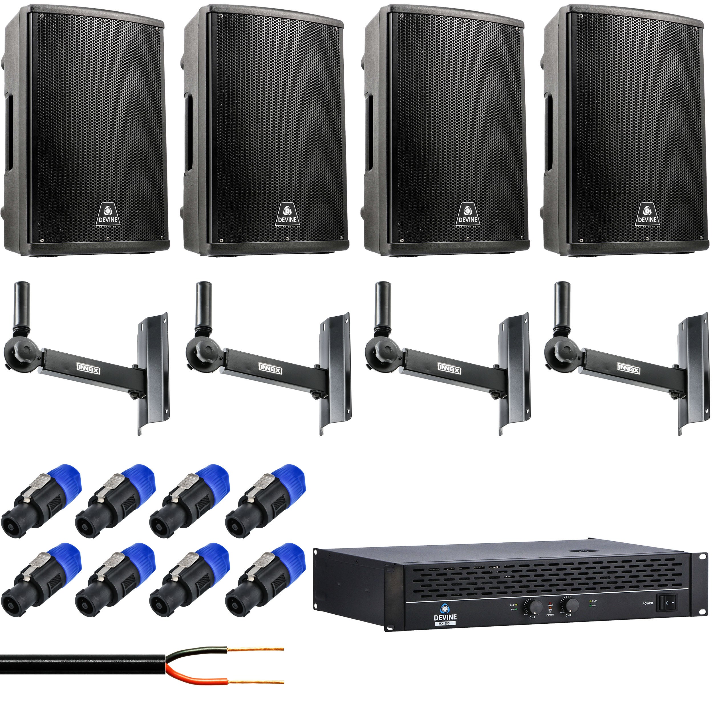 Devine Axeo installatieset met 4 passieve 12 inch speakers + versterker