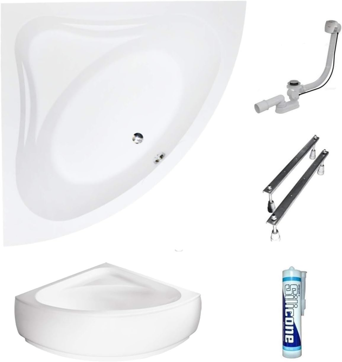 ECOLAM® symmetrische Badewanne Eckwanne Mia 140x140 cm Modern Design Acryl weiß Ablaufgarnitur Ab- und Überlauf Automatik Füße Silikon Komplett-Set (+ Acrylschürze)