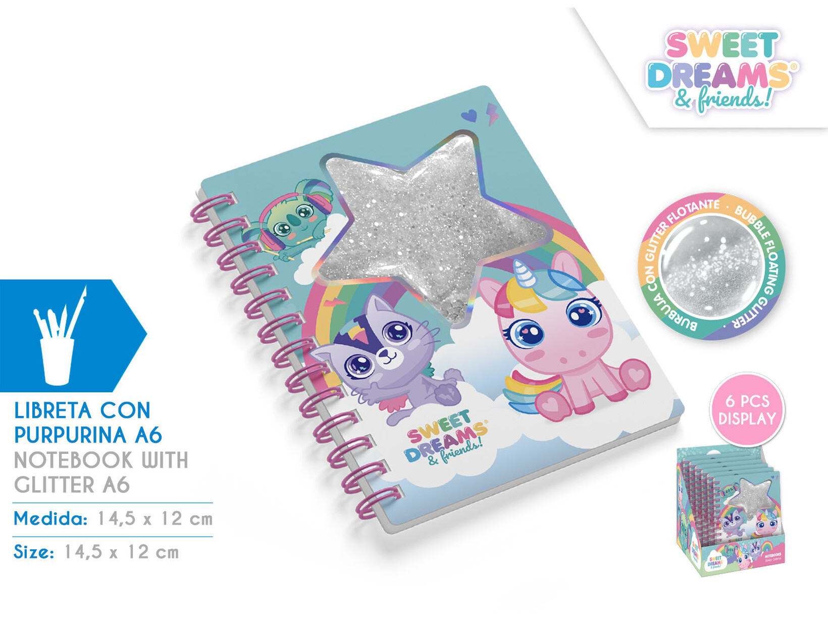 CADERNO A6 COM ESTRELA DE PURPURINAS SWEET DREAMS