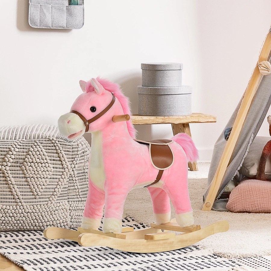 HOMCOM Kinder Schaukelpferd mit Tiergeräusche rosa