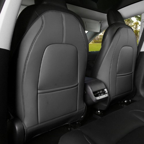 (2er Set) Tesla Model 3 / Y Leder Auto Rückenlehnenschutz Organizer Kinder Trittschutz Rücksitzschoner - Schwarz