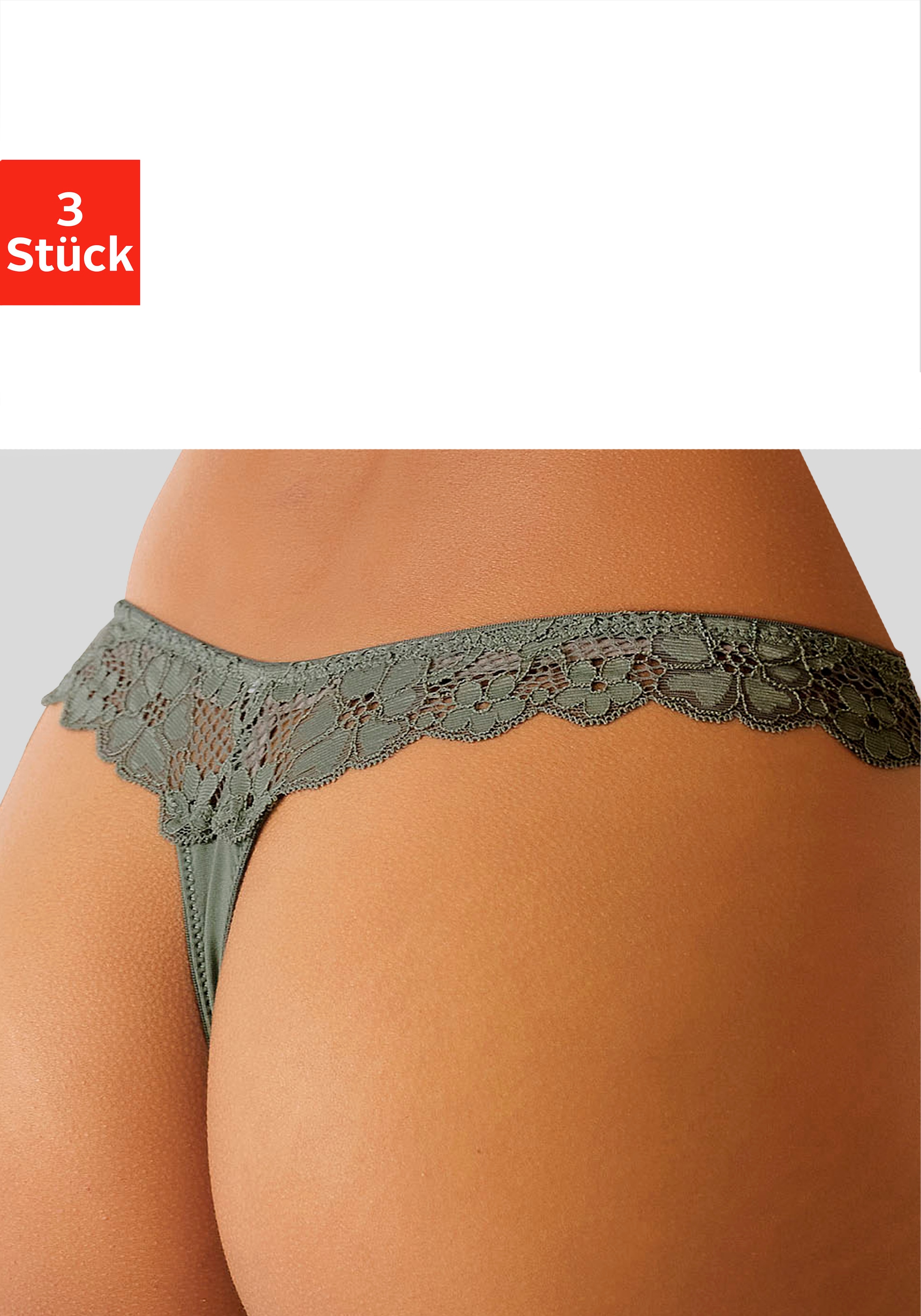 petite fleur String, 3 Stk. hinten komplett aus zarter Jacquardspitze