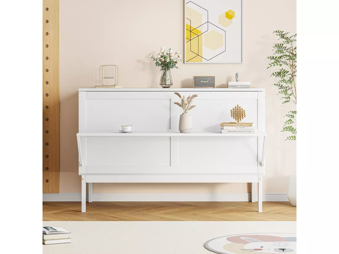 Lit escamotable vertical 140 x 200 cm - Bois MDF - Sommier à lattes - Blanc