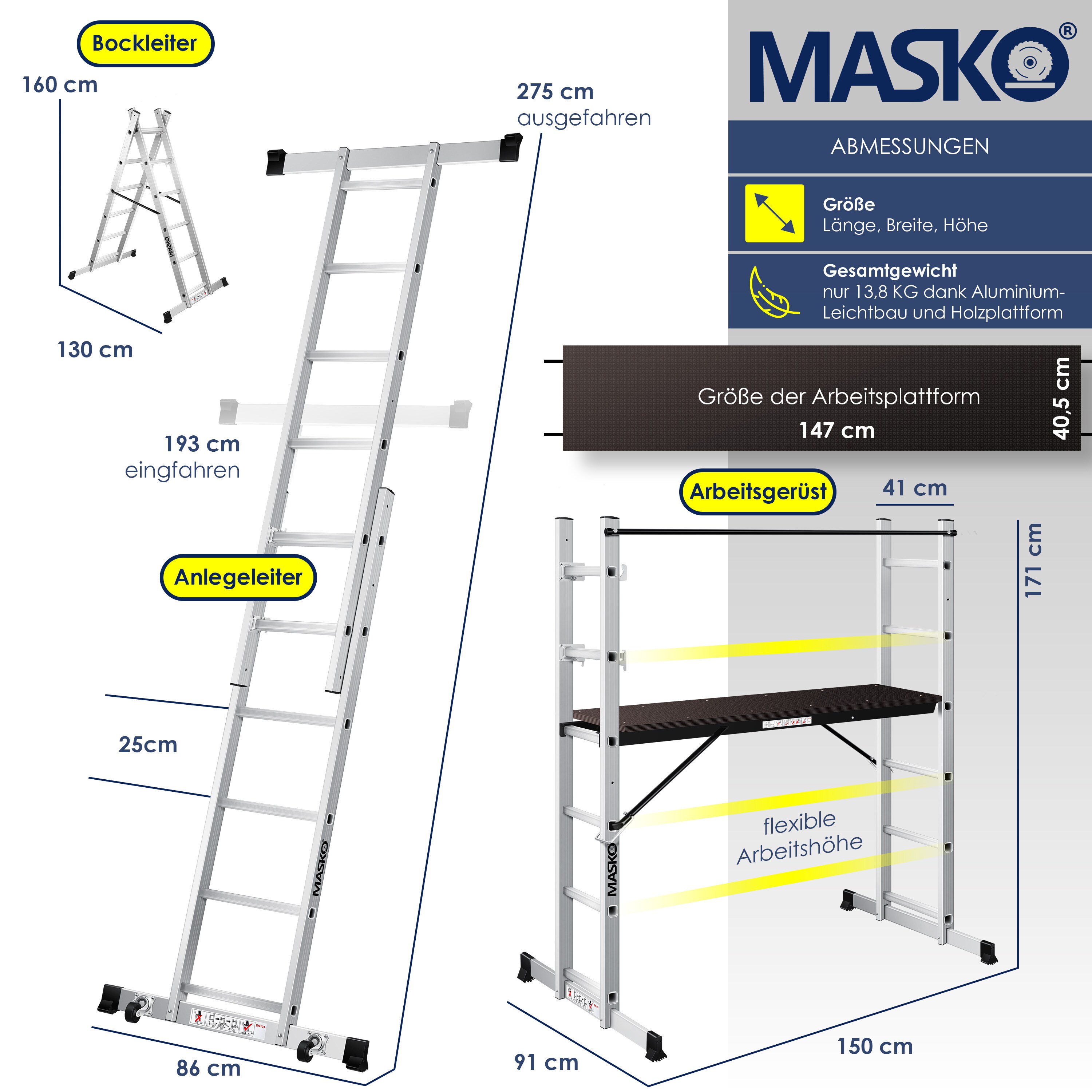 Masko® Baugerüst Alugerüst Gerüst ? Alu ? Leiter ? Arbeitsgerüst ? Arbeitsbühne | bis 150 KG belastbar | Anti-Rutsch beschichtet | Gerüstleiter |GS geprüft (EN 131)