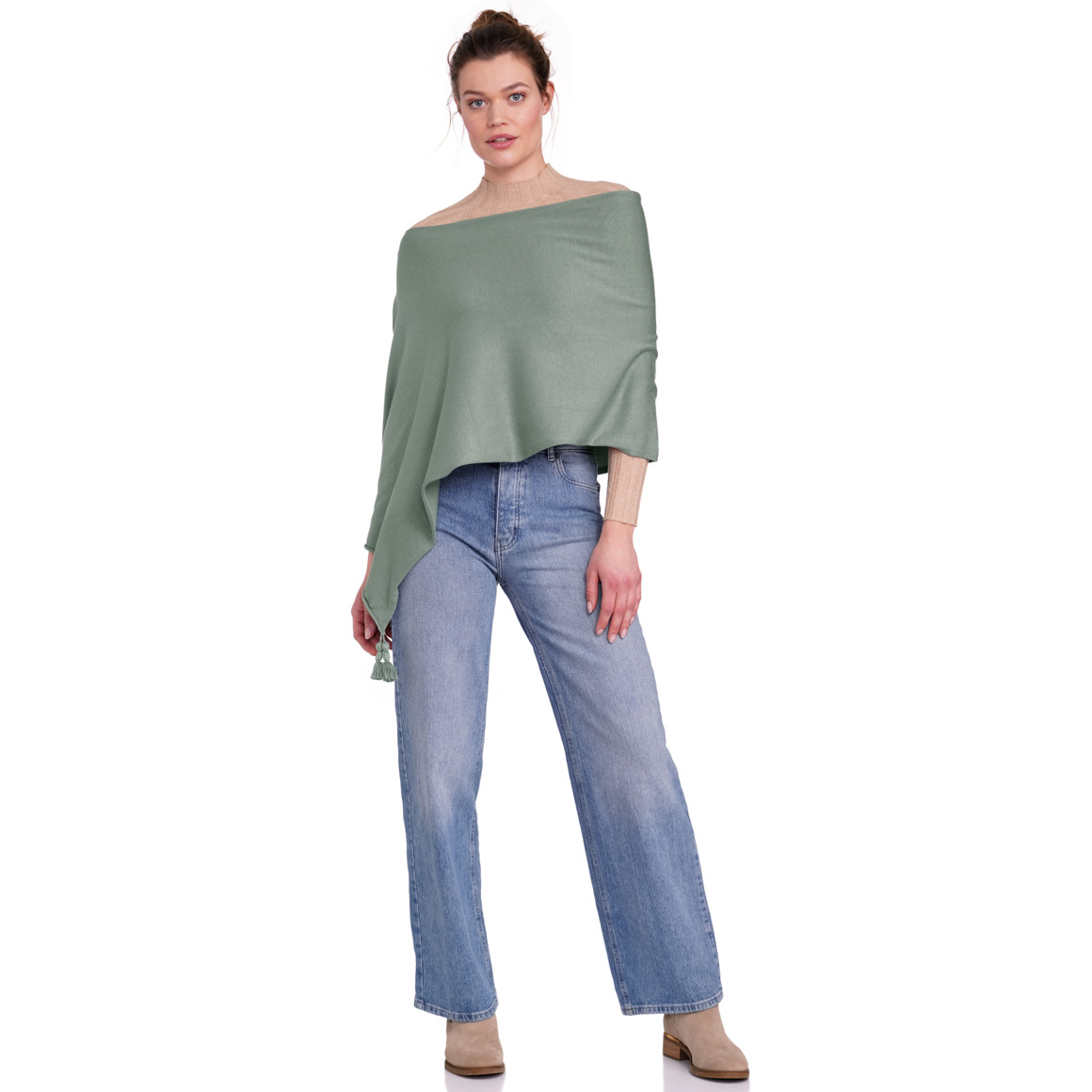 Gina Benotti Damen Poncho mit Tasseln salbei