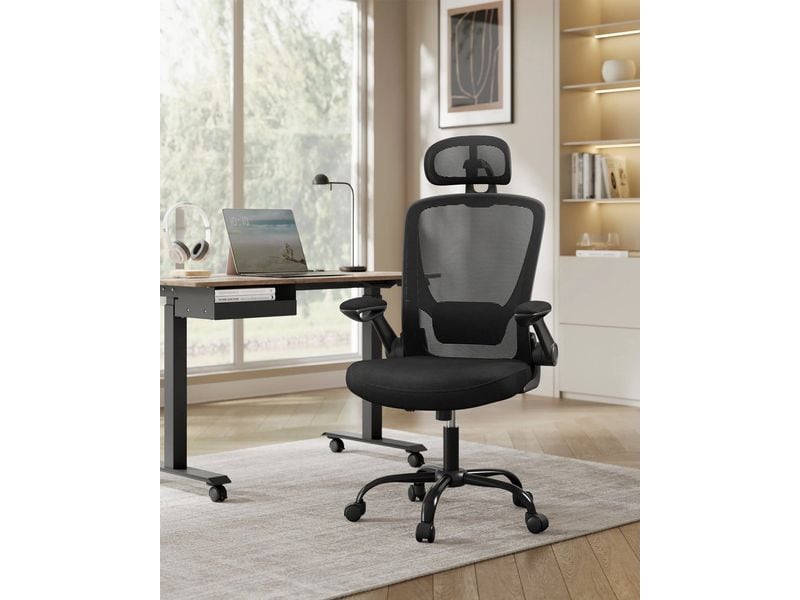 Songmics Bürostuhl mit klappbaren Armlehnen Ergonomischer Schreibtischstuhl mit atmungsaktivem Netz, klappbaren Armlehnen, verstellbarer Lendenwirbelstütze und Kopfstütze